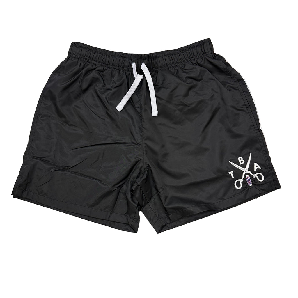 Black shorts with a logo on a white background