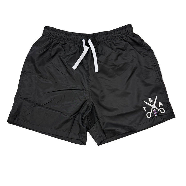 Black shorts with a logo on a white background
